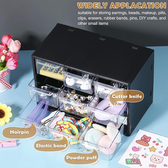 Rtteri 9 Pieces Mini Drawer Organizer Plastic Desktop Storage Box Desk Craft Organizer with 9 Clear Drawers for Office Home Jewelry Small Parts Belongings Cosmetics Collection, Wall Mounted (Black)