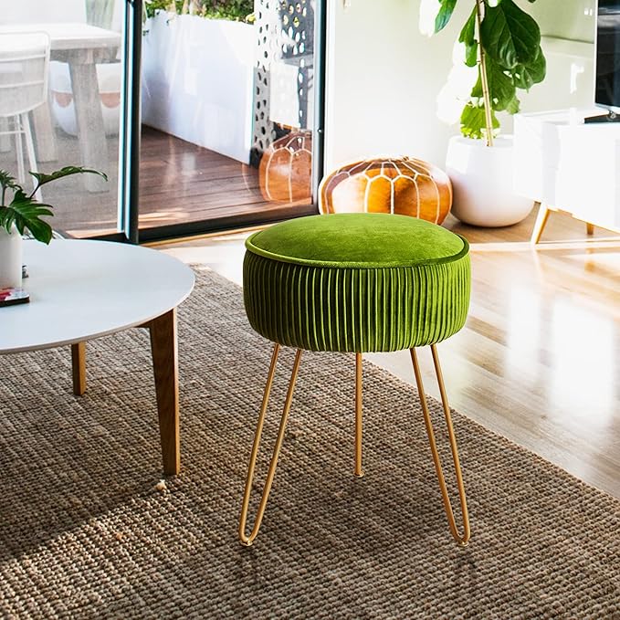 LUE BONA Pleated Vanity Stool, Velvet Upholstered Vanity for Makeup Room, Round Mondern Stool for Vanity, Ottoman Footrest with Metal Legs for Living Room, Bedroom, Matcha Green