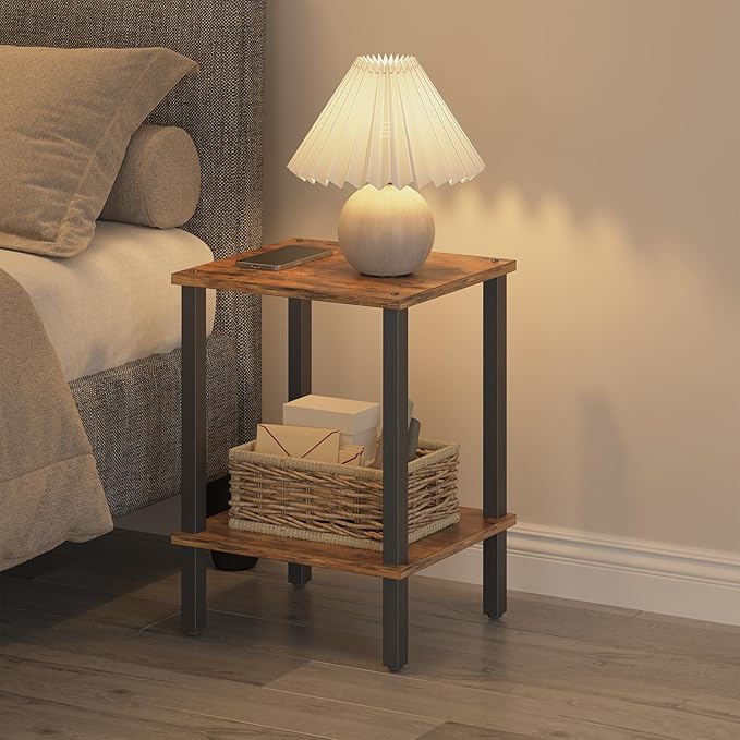 TUTOTAK End Table, Side Table, Nightstand, 2-Tier Storage Shelf, Sofa Side Table for Small Space, Living Room, Bed Room Brown and Black TB01BB034