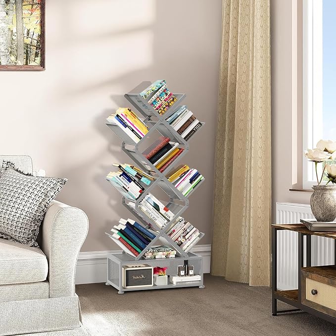 Gintan 9-Tier Modern Book Shelves with Storage, Bedroom Shelves Folding Bookshelves, No Installation Required Shelf Tree Bookcase for Living Room, Study, Home Office, Bed Room (Grey)