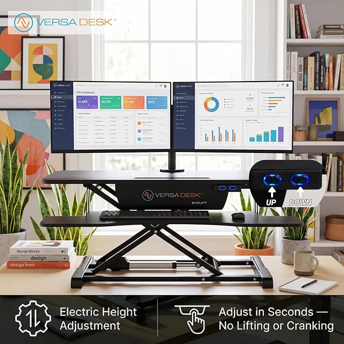 VERSADESK EvoLift 40" Electric Standing Desk Converter, Sit to Stand Riser, 1-Button Easy Lift, Dual Monitor Workstation, Wide Keyboard Tray, Built-in Device Stand, Black