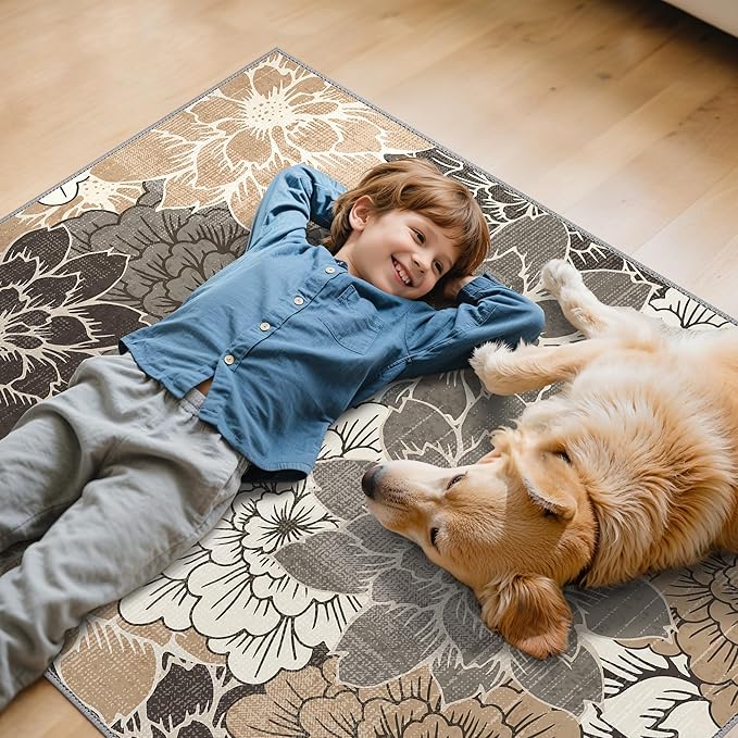 48"x60" Office Chair Mat for Hardwood Tile Floor, Under Desk Carpet Protector for Rolling Computer Chair Mat, Machine Washable Area Rug, Anti-Slip 1/5" Thick Low Pile Thin Vinyl Floor Mat, Grey Beige
