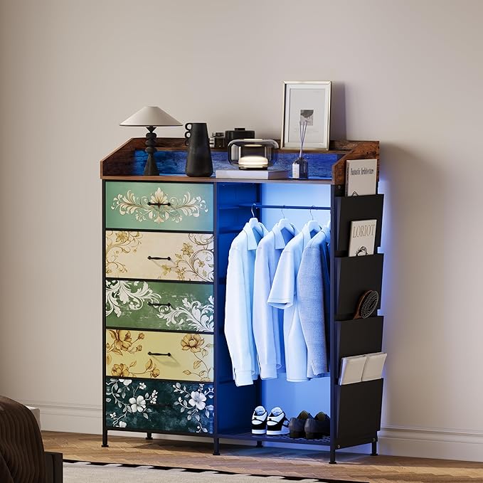 LUMTOK 2-in-1 Dresser with Hanging Racks,5 Fabric Drawers Dressers with LED Lights, Charging Station for Bedroom Living Room, Entryway, Closets (Retro Pattern)