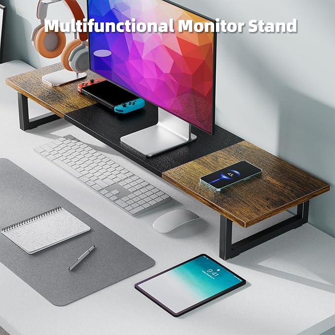 Simple Trending 38 Inch Dual Monitor Stand Riser, Wood and Steel Desktop Organizer for Home Office, Wood and Blck
