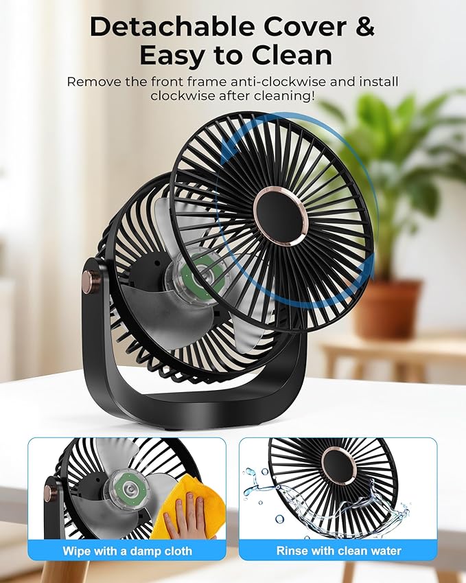 Portable Desk Fan, Rechargeable Table Fan with Night Light USB Electric Desktop Air Circulator Fans, 3000MAh Powerful with 5 Speed 360° Adjustable for Cooling Home Dorm Office Bedroom Bathroom Kitchen