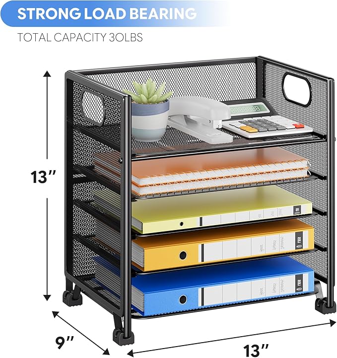 Simple Trending 5-Tier Paper Organizer Letter Tray with Handle, Mesh Desk File Organizer Folder Holder, Office Sorter for Home or School, Black