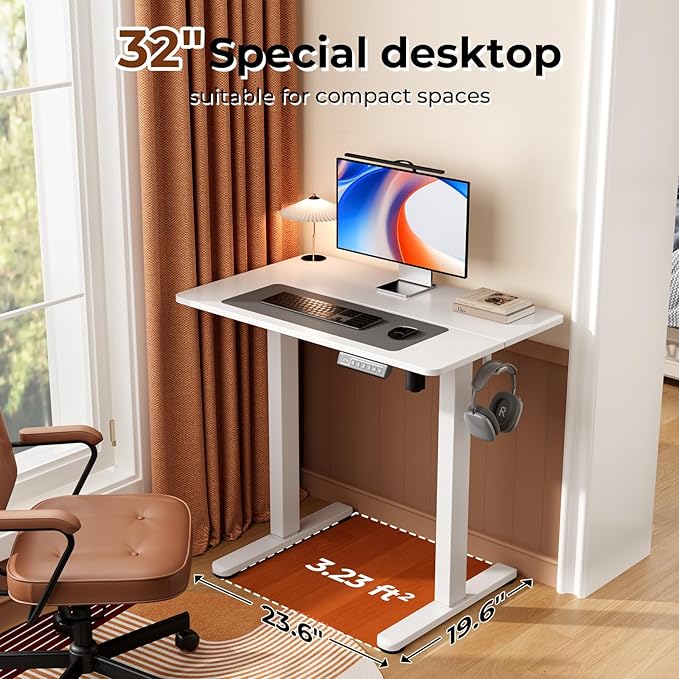 Small Electric Standing Desk, 32" ×20" White Standing Desk, Height Adjustable Compact Sit Stand Workstation with Splice Board, Home Office Desk with 2 Hooks
