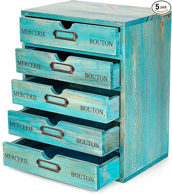 Turquoise 5-Tier Drawer Desktop Curio Cabinet - French Farmhouse Country Desk Organizer Box - Wooden Stackable Shelves - Teal Countertop Shelf w/Label Holder - 5-Level File Drawer Unit