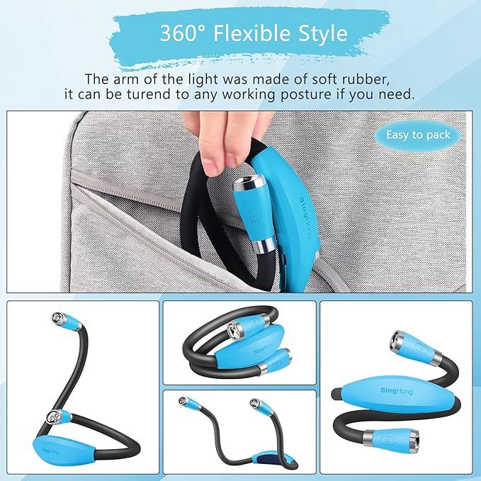 USB Rechargeable Neck Book Light for Reading in Bed, 4 LED Bulbs 4 Adjustable Brightness, Hands Free for Night Jogging or Mending Lamp (Blue)
