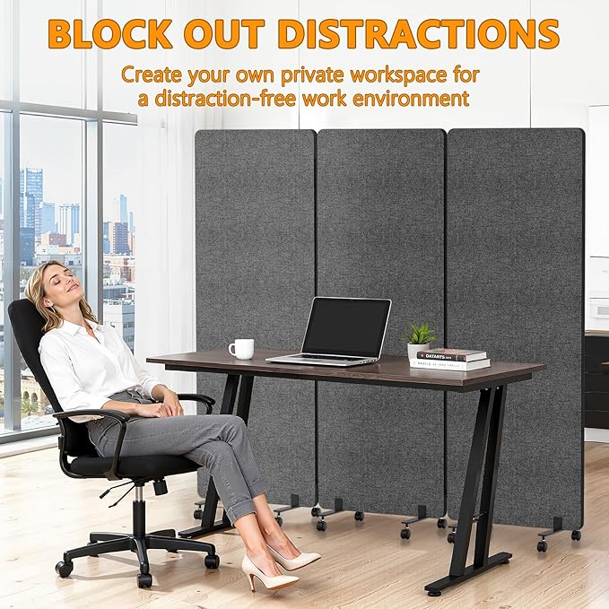 Soundproof Room Divider with Wheels, 66in Acoustic Room Divider Panel, 3 Panel Office Partition Wall for Noise Cancelling, Portable Temporary Wall Cubicle Divider (Dark Gray)