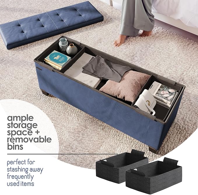 Storage Ottoman Bench with Bins, 43-in Storage Bench for Bedroom End of Bed, Folding Foot Rest Ottoman for Living Room Max 660lbs, Leather Ottomans, Blue