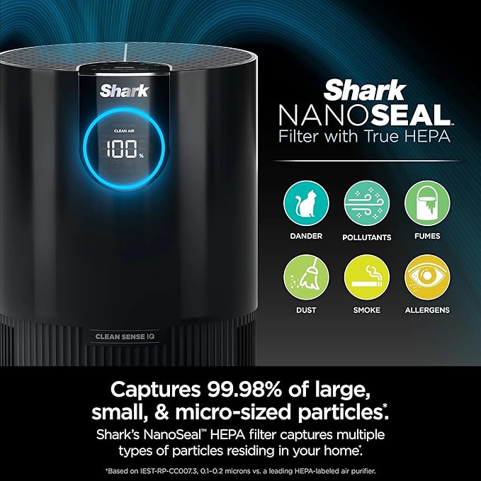 Shark HP100 Air Purifier w/NanoSeal HEPA, Cleansense IQ, Odor Lock, Cleans up to 500 Sq.ft, Captures 99.98% of Particles, Dust, Smoke & Allergens, For Small Bedroom/Office, Charcoal Grey (Renewed)