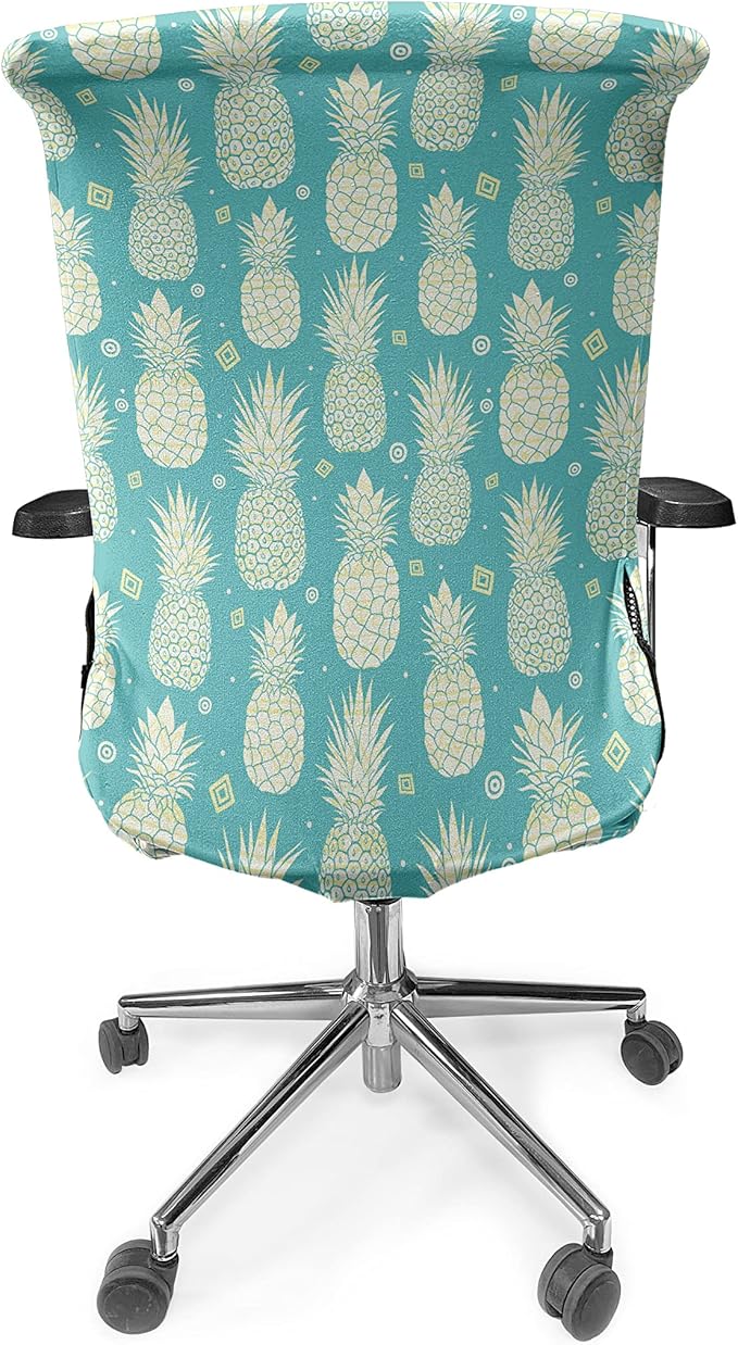 Ambesonne Pineapple Office Chair Cover, Abstract Summer Pattern with Exotic Fruit and Minimal Ornaments, Stretchable Decorative Universal Size High Back Printed Slipcover, Yellow Turquoise