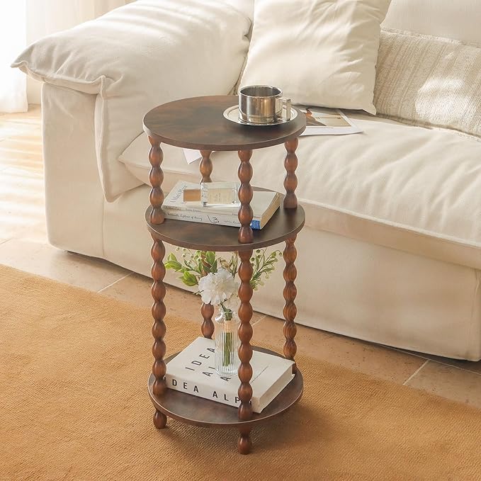 AWASEN Small Side Table, 3-Tier Round End Table for Small Spaces, Modern Bedside Table Nightstand for Bedroom, Living Room, Office, Rustic Brown