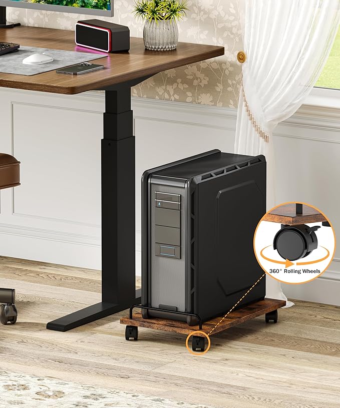 Akxomel Mobile CPU Stand, Computer Tower Stand with 4 Caster Wheels, Under Desk PC Cart for Floor, Industrial PC Tower Holder for Carpet, for Office, Rustic Brown