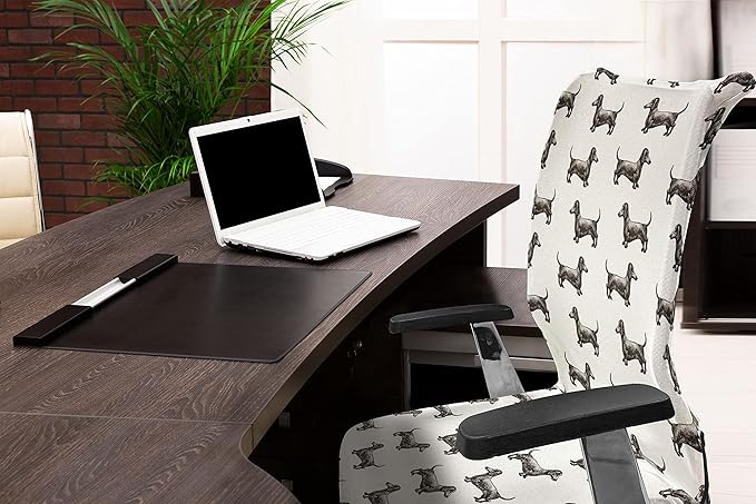 Ambesonne Dachshund Office Chair Cover, Pattern Lines with Sausage Dog Looking Different Directions, Stretchable Decorative Universal Size High Back Printed Slipcover, Grey White