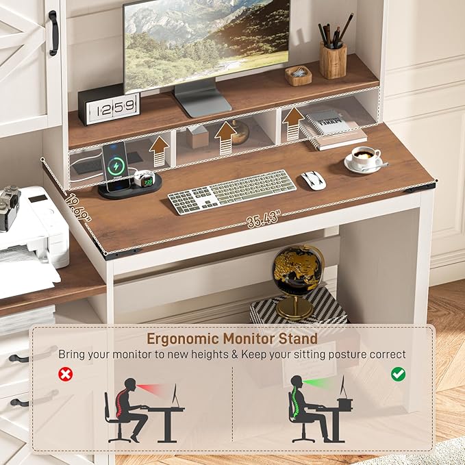 Vabches 51" Executive Desk Farmhouse Home Office Desk with Charging Station, File Drawer, Storage Cabinet, Monitor Stand, Wood Computer Desk with Hutch for Work Study Writing (Rustic White)