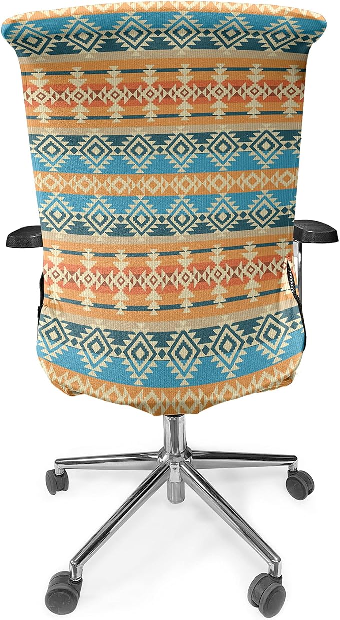 Ambesonne Southwestern Office Chair Cover, Striped Backdrop GeometricTribal Motif Native Mexican Cultural Heritage, Stretchable Decorative Universal Size High Back Printed Slipcover, Cream Orange Blue