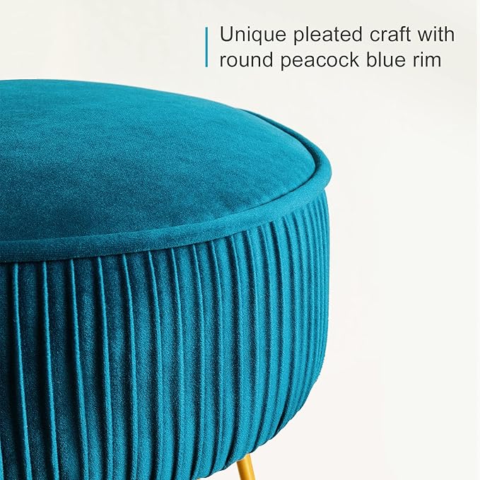 LUE BONA Pleated Vanity Stool, Velvet Upholstered Vanity for Makeup Room, Round Mondern Stool for Vanity, Ottoman Footrest with Metal Legs for Living Room, Bedroom, Peacock Blue