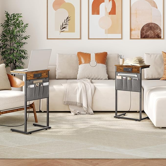 HOOBRO C Shaped End Table Set of 2 with Charging Station, 28" H Couch Side Tables for Small Spaces, Slide Under Sofa Tray Recliner Tables with Storage Bag for Living Room, Rustic Brown BF70USFP201