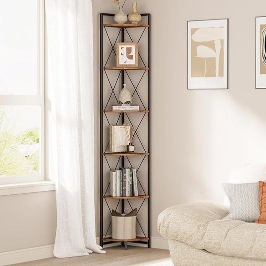 6 Tier Corner Shelf Stand, 78" H Tall Industrial Corner Bookshelf for Living Room Decor, Metal Corner Shelf, Plant Stand Display Shelf for Bedroom, Bathroom, Small Space, Rustic Brown