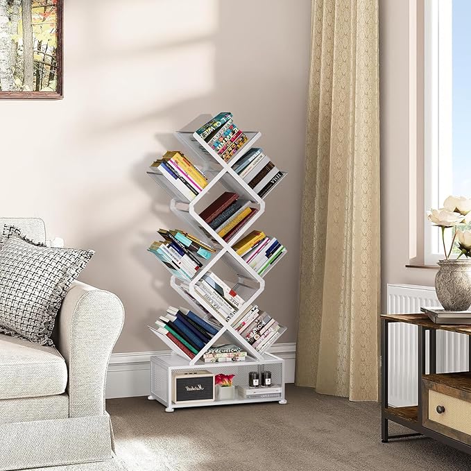 Gintan 9-Tier Corner Bookshelf with Storage,Bedroom Shelves Folding Bookshelves,No Installation Required Shelf Tree Bookcase for Living Room,Study,Home Office,Bed Room (White)