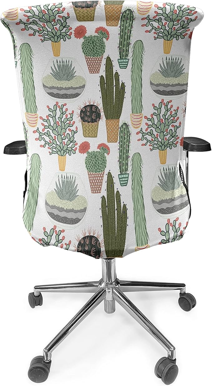 Ambesonne Cactus Office Chair Cover, Pattern with Succulent Plants and Cactuses in Pots Botanical Floral Mexican Garden, Stretchable Decorative Universal Size High Back Printed Slipcover, Fern Green