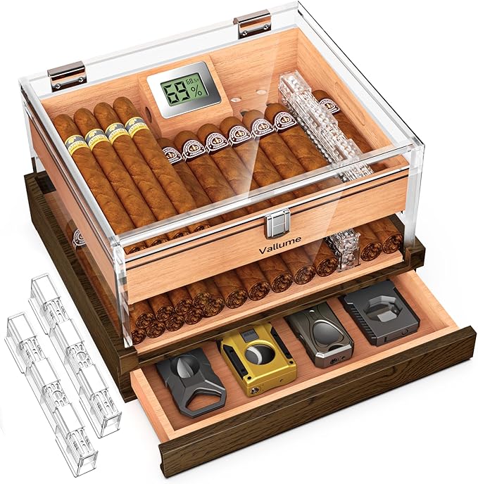 VALLUME Acrylic Humidor Box,High-Definition Transparent Cigar Case,Lock Latches and 90-Degree Opening Hinges Cigar Box,Cigar Accessory Drawer,Digital Hygrometer and Humidifier,Holds About 50-60 cigars