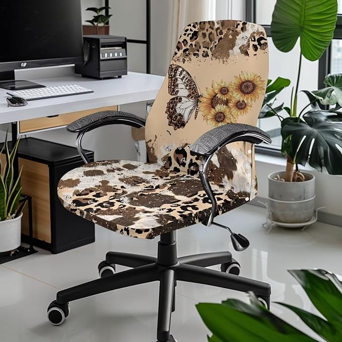 Talayituse Butterfly Sunflower Leopard Cow Print Office Chair Covers, Stretch Computer Chair Cover, Universal Boss Chair Covers Modern Simplism Style High Back Chair Slipcover, Small