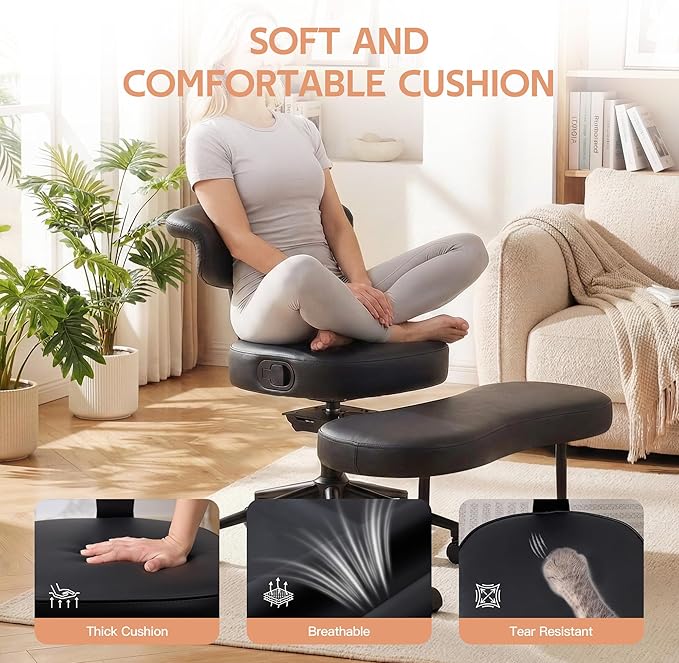 Ergonomic Kneeling Chair with Wheels, Cross Legged Office Chair with High Lumbar Support, 360° Swivel Meditation Chair for ADHD & Yoga, Wide Criss Cross Chair for Home