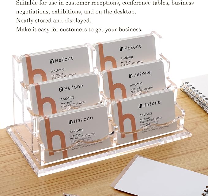 HeZone Business Cards Holder Display for Desk, Clear Acrylic Multiple 3 Tier 6 Slot Business Card Stand, Holds 300 Cards-1 Pack (6 Slots-H)
