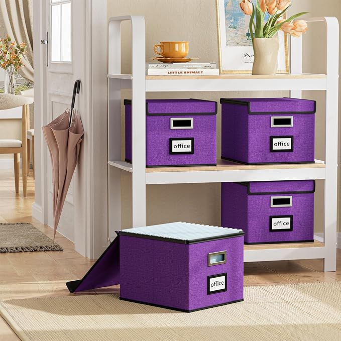 File Organizer Box with Lid, Collapsible File Folder Organizer for Office Document Storage, Filing Box with Plastic Slide for Letter Size Hanging File Folders(1 Pack, Purple)