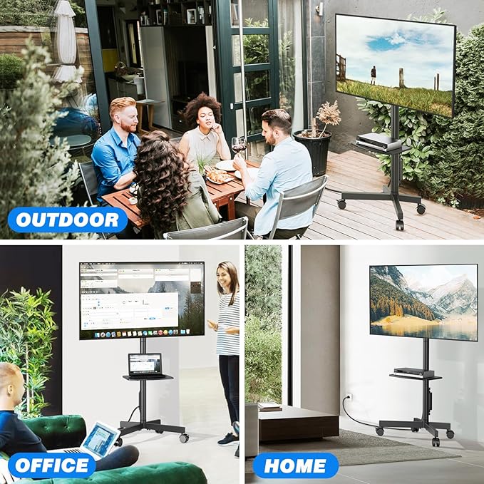 Rfiver Mobile TV Cart with Power Outlet, Rolling TV Stand for 23-65 Inch LCD LED OLED Flat Panel Curved Screen TVs up to 88 lbs, Height Adjustable Portable TV Stand with Wheels, Max VESA 400x400mm