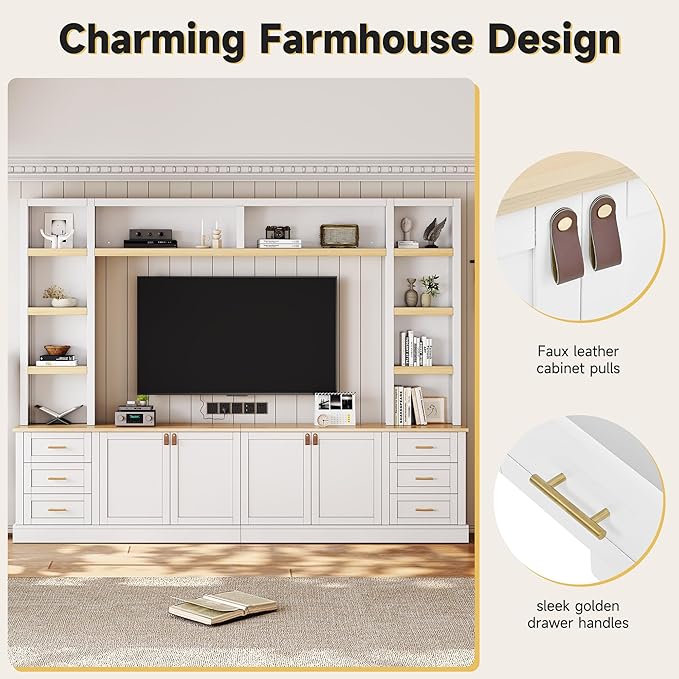 102.3"W Farmhouse 4-Piece Entertainment Center Wall Unit with Adjustable Shelves, Modern Large TV Stand with Bookshelves for TVs Up to 75", Rustic Media Console with 6 Drawers for Living Room, White