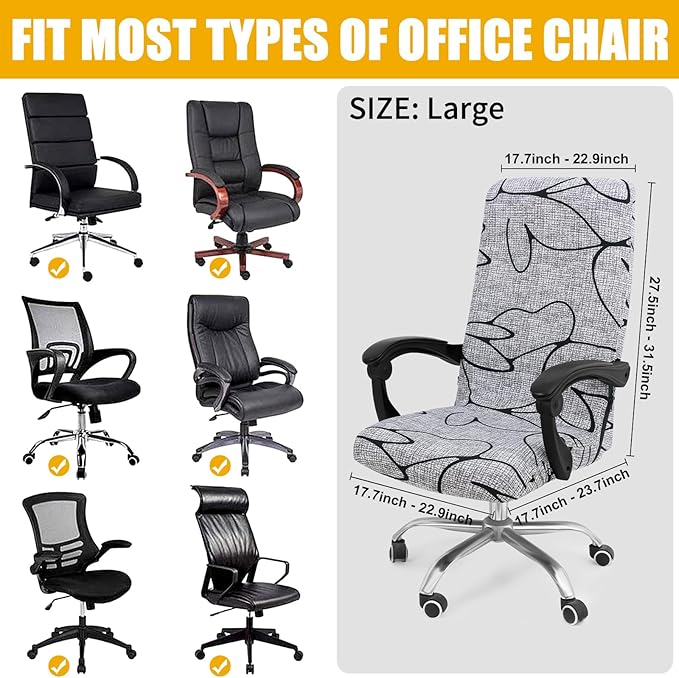 Smiry Stretch Printed Office Computer Chair Covers, Universal Desk Rotating Chair Slipcovers Removable Washable, Soft Fit Anti-Dust Spandex Protector Cover with Zipper, Grey and Black