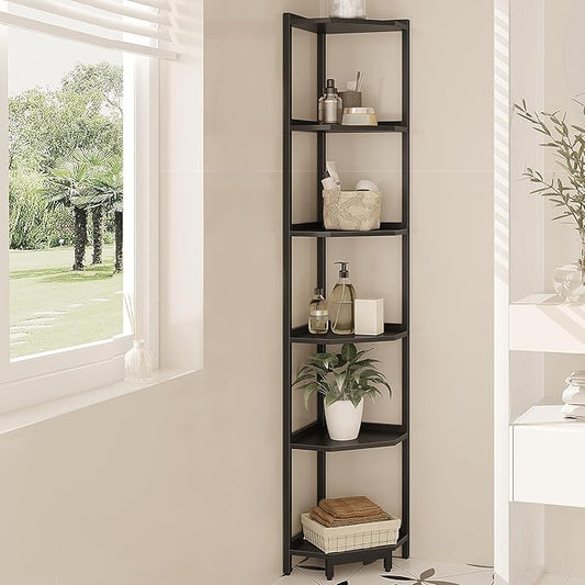 Hzuaneri Corner Shelf Stand, Corner Bookshelf, Storage Standing Shelf Unit with Metal Frame, Plant Stand, Bookcase for Living Room, Home Office, Bedroom, 6-Tier Black CS06006B