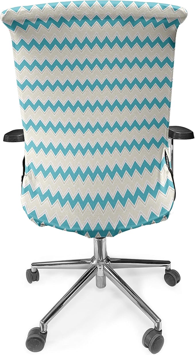 Ambesonne Teal Office Chair Cover, Horizontal Zigzag Lines Chevron Triangles Pattern Simple Classical Geometric Design, Stretchable Decorative Universal Size High Back Printed Slipcover, Cream Teal