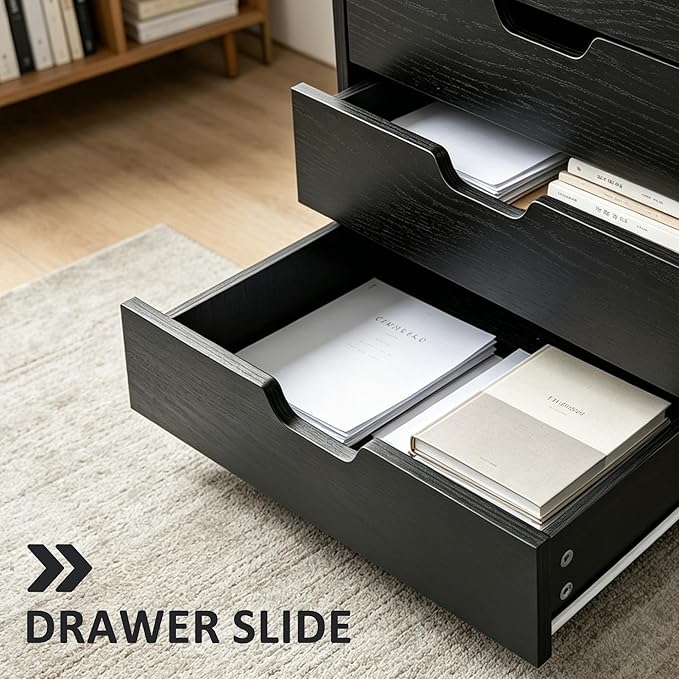 SUPER DEAL 5 Drawer File Cabinet for Home Office, Wood Under Desk Filing Cabinet Mobile Printer Stand Rolling Storage Organizer with Lockable Casters for Apartment Small Spaces, Black