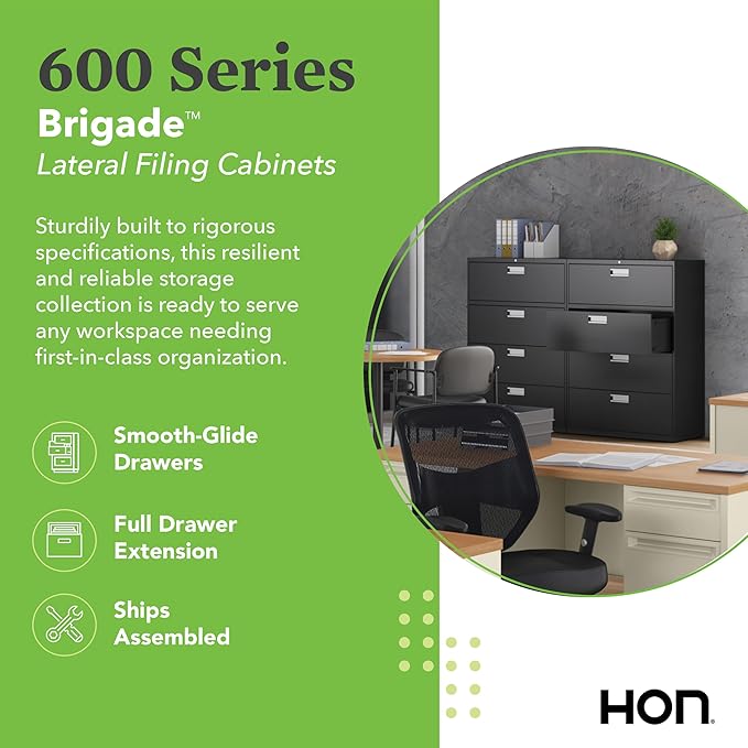 HON 4 Drawer Lateral File Cabinet with Lock, Metal Filing Cabinets for Offices, Adjustable Hangrails for A4, Legal, Letter Files, 18" Deep, Black