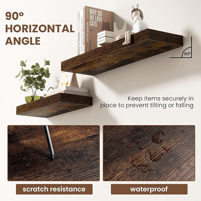 Acovy 72 Inch Floating Shelves for Wall 1 Pack, 72" Wall Shelves for Books, Storage, Decor, Wall Mounted Floating Shelf with Invisible Brackets for Kitchen, Living Room, Brown