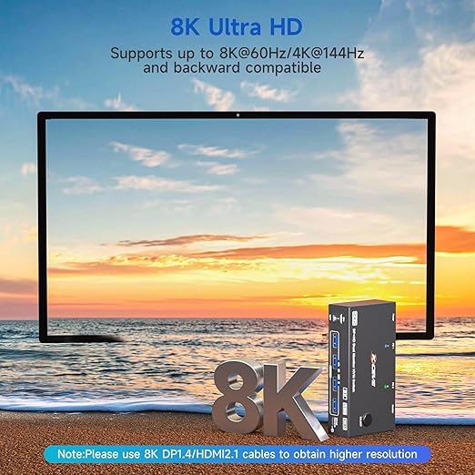 KVM Switch 2 Monitors 2 Computers 4K@144Hz 8K@60Hz, HDMI Displayport Dual Monitor KVM Switch for 2 PC Share 2 Monitors Keyboard Mouse Printer, Wired Remote,Power Adapter and USB Cable Included