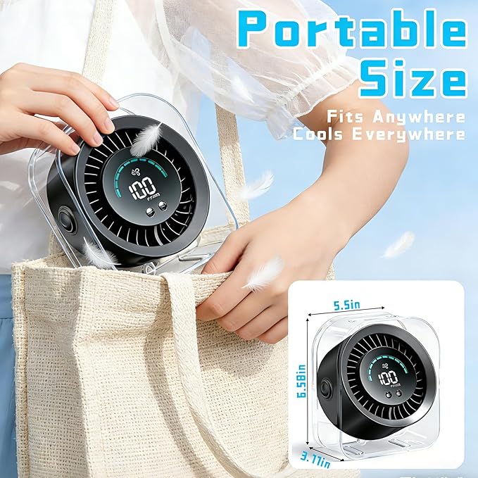 FOWSEEK Rechargeable Small Desk Fan Quiet, 4000mAh Portable Mini Fan USB Table Fan with 100 Speeds Turbo Flow, 360° Adjustable, LED Display, Desktop Cooling Fans for Bedroom Office Travel - Black