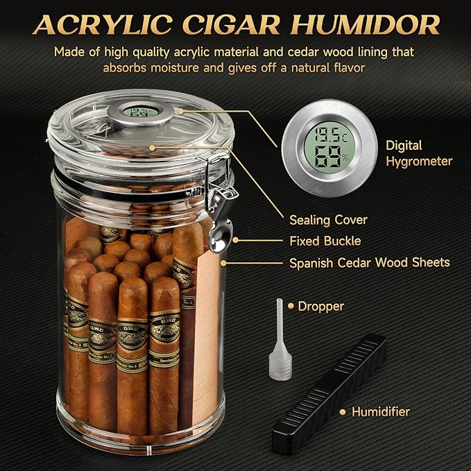 XIFEI Acrylic Humidor Jar with Digital Hygrometer, Tall Design Storage Case Fits Long Cigar, Humidifier & Spanish Cedar Wood Veneer, Portable Travel Humidor for 15-20 Cigars
