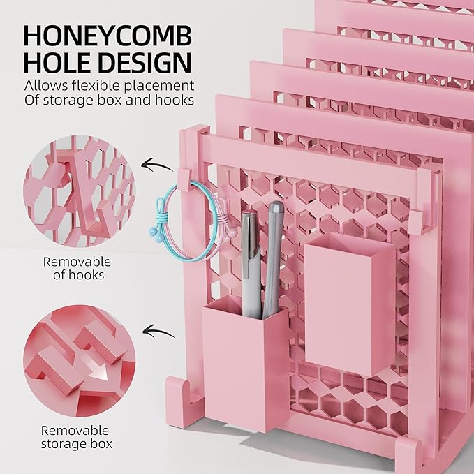 File Organizer for Desk with Storage Box & Hook, Inclined Desk File Organizer with 5-Section Vertical File Holder Suitable for Home Office Document Organization (Pink-01)