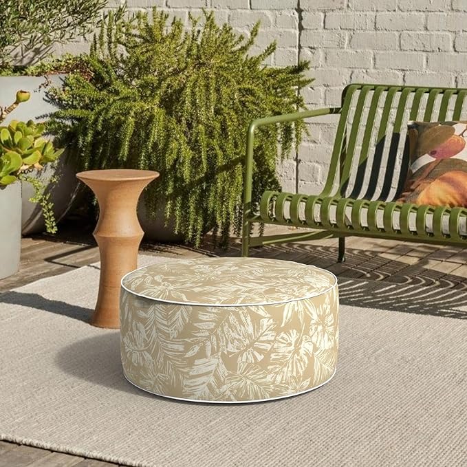 Outdoor Patio Inflatable Ottoman, 21x9 Inch Portable Stool Ottoman with Handle, Round Footrest Stool for Home Garden Camping, Tropical Leaf Oat