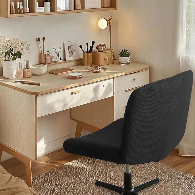 Criss Cross Chair Cover Black Armless Wide Back Chair Cover Water Resistant Stretchable Slipcover for Wide Seat Desk and Vanity Chairs Washable