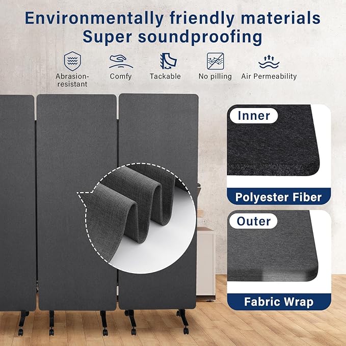 72" X 66" Partition Room dividers, 3 Panel Sound Proof Dividers for Office Partitions, Room Divider Privacy Panel with Wheels, Portable Temporary Wall for Office, Studio, School, Hospital(Dark Grey)