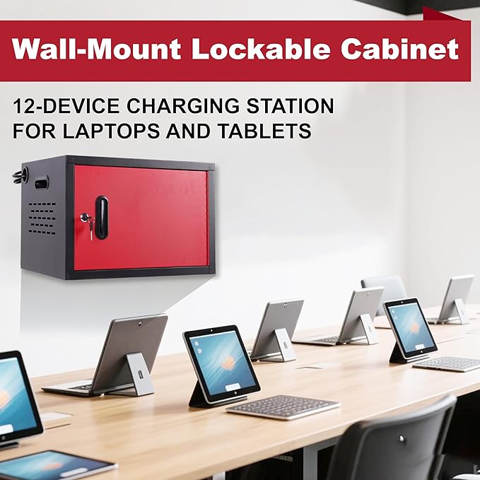 12 Device Wall-Mount Charging Station for Laptops/Tablets/iPads/Chromebooks,12 Bay Lockable Charging Cabinet with Power Strip for Classroom,School Storage Charging Cabinet，Fully Assembly