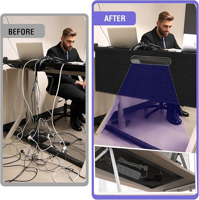 14.9 x 60 Inch Under Desk Privacy Panel with Cable Management Net Desk Skirt Modesty Desk Panel Self-Gripping Straps for Office and Home