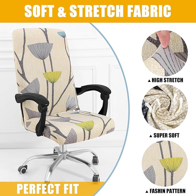 Smiry Stretch Printed Office Computer Chair Covers, Universal Desk Rotating Chair Slipcovers Removable Washable, Soft Fit Anti-Dust Spandex Protector Cover with Zipper, Yellow and Grey